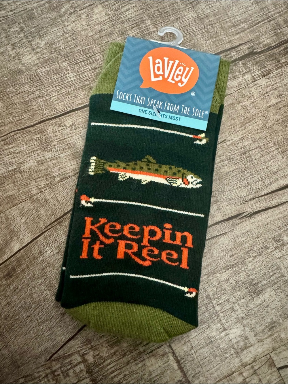 NWT Lavley Fish Socks “Keepin It Reel” Crew Socks Funny Fishing Gift